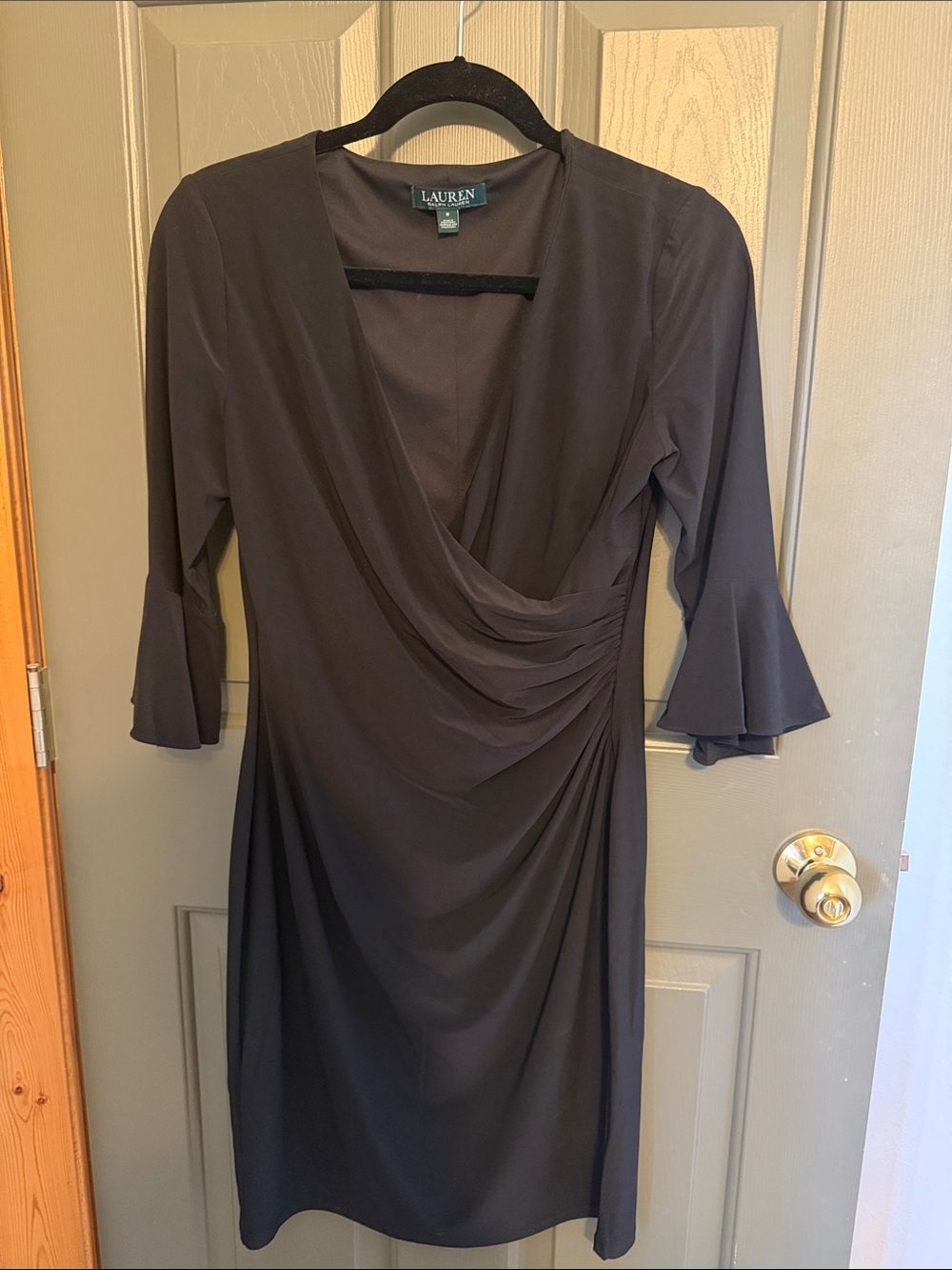 Lauren Ralph Lauren Black Draped V-Neck Midi Dress with Bell Sleeves